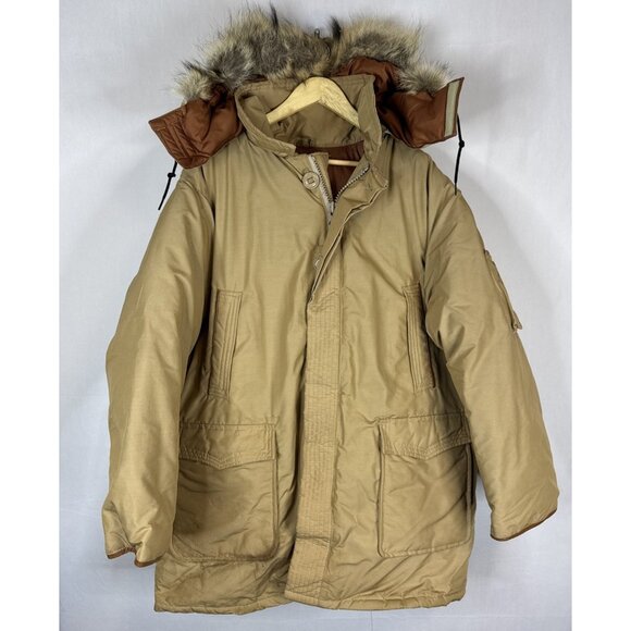 Vintage Sears Down Parka 70s Tan Duck Down Fur Hood Arctic Winter Coat 50 - Picture 1 of 8